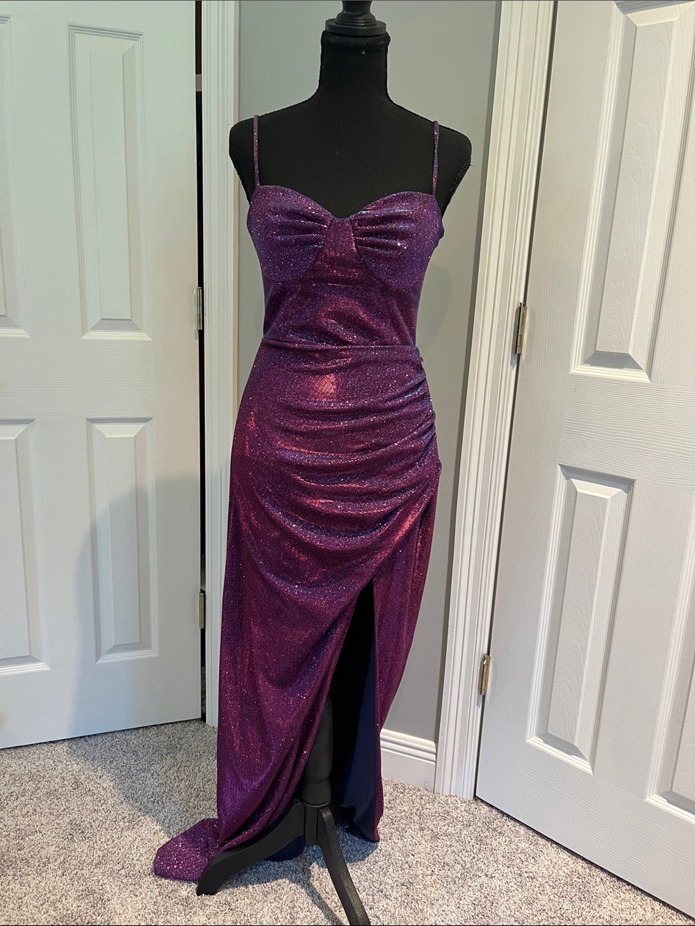 Glittering Deep Purple Ruched Maxi Dress with Thigh Slit